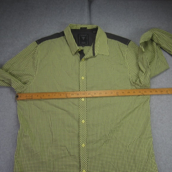 GUESS Shirt Mens XL Yellow Green Plaid Slim Fit Button Up Long Sleeve Casual UAE - Picture 11 of 16